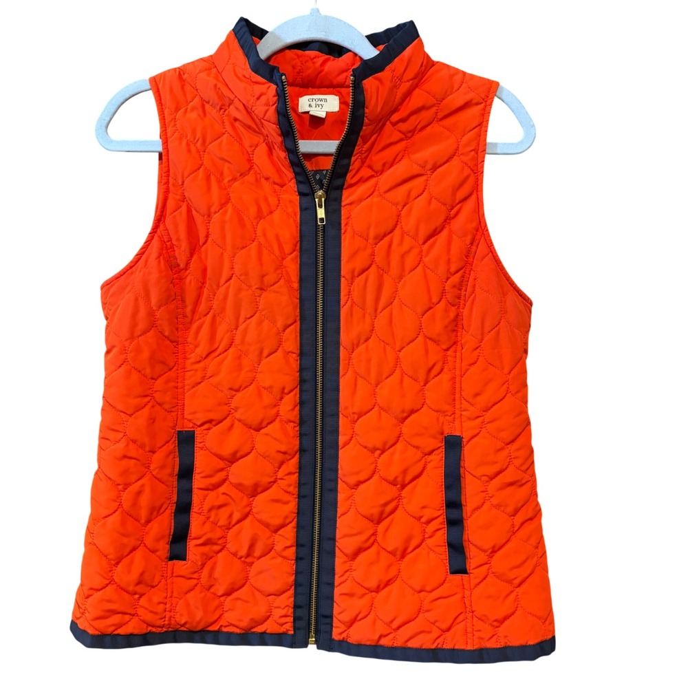 Crown & Ivy Womens Orange Quilted Puffer Vest Navy Blue Trim Full Zip Size Med‎